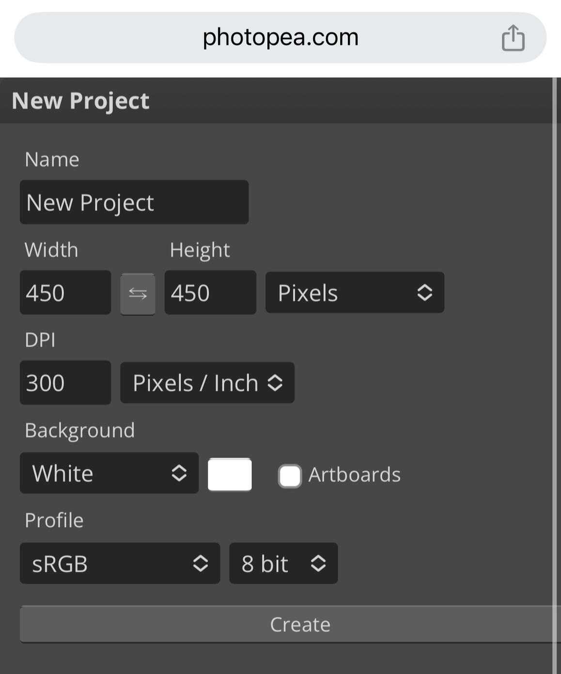 screenshot of photopea's "new project" window
