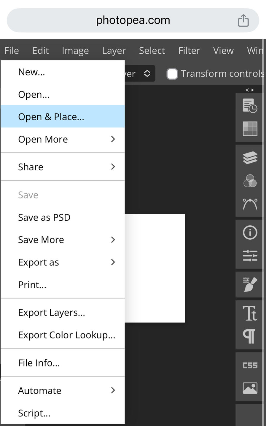 screenshot of photopea's "file" window