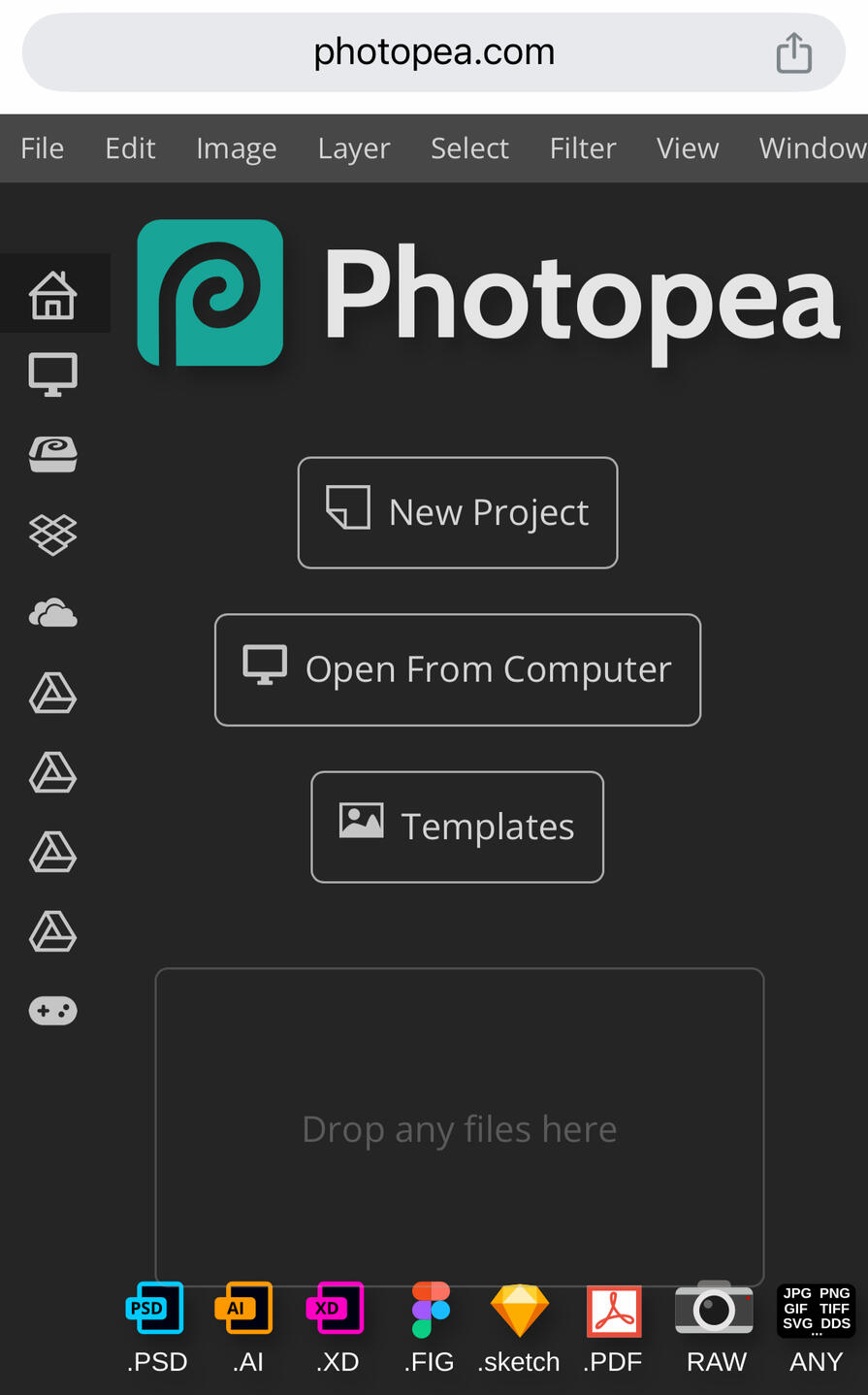 screenshot of photopea's Homepage